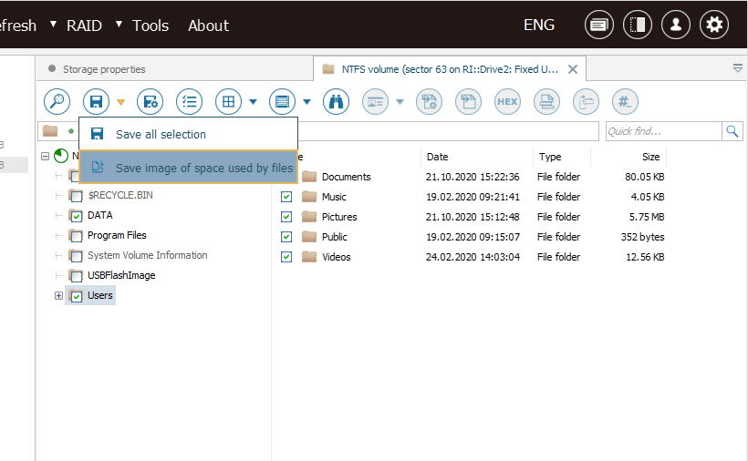 option save image of space used by files under save tool of top toolbar in ufs explorer professional recovery program