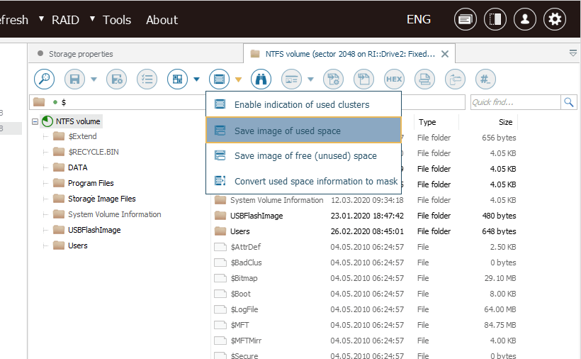 option save image of used space on top toolbar in ufs explorer professional recovery program