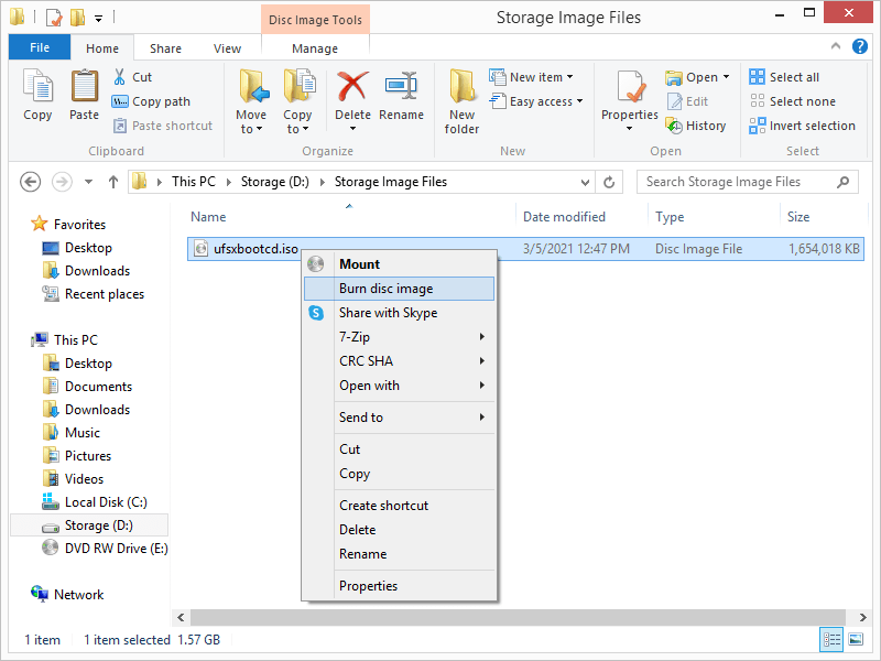 burn disk image option in context menu of iso file of ufs explorer backup and emergency recovery cd