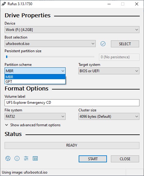 setting other drive properties in rufus program