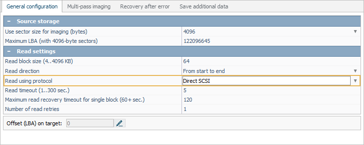 direct scsi as read using protocol option in disk imaging configuration window in ufs explorer program