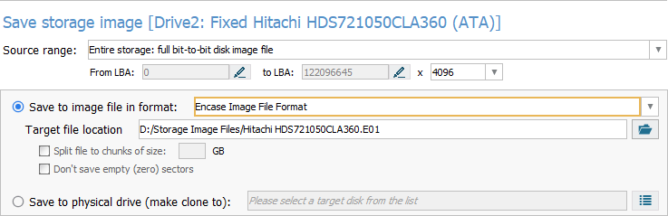 encase image file format parameter in disk imaging configuration window in ufs explorer program