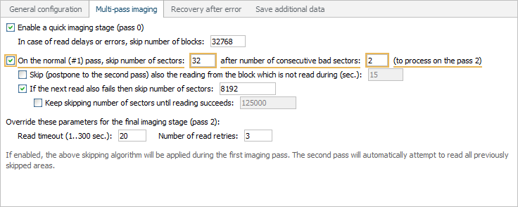 configure number of sectors to skip for first time after number of defects detected in disk imaging configuration window