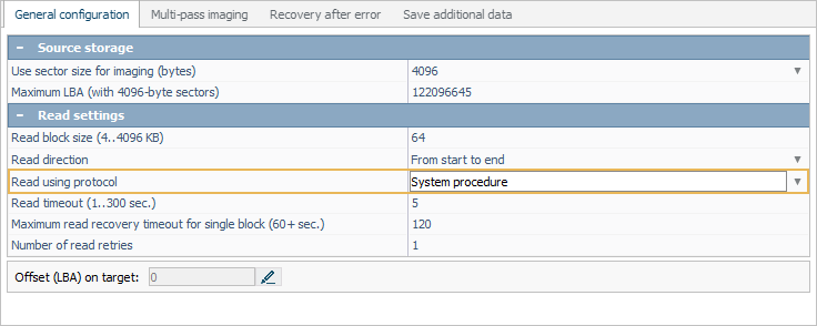 parameter read using protocol in disk imaging configuration window in ufs explorer program