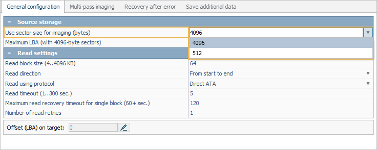 sector size options in disk imaging configuration window in ufs explorer program