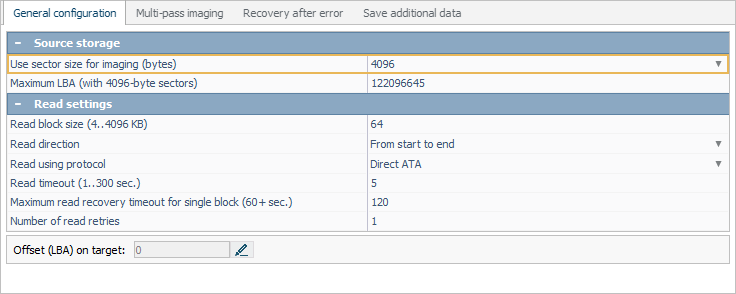 set sector size for imaging in disk imaging configuration window in ufs explorer program