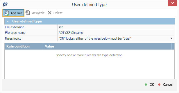 add rule button in add new rule window of ufs explorer intelliraw rules editor