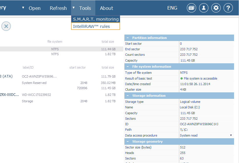 intelliraw rules subelement of tools element on main menu panel of ufs explorer interface