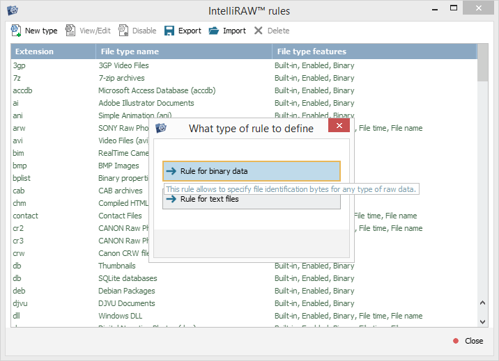 option rule for binary data selected in popup window to choose rule type to define in intelliraw rules editor of ufs explorer