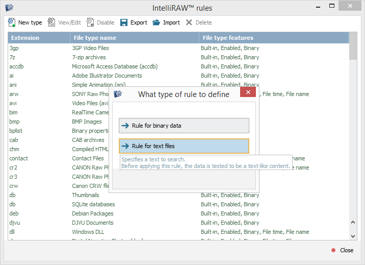 option rule for text files selected in popup window to choose rule type to define in intelliraw rules editor of ufs explorer