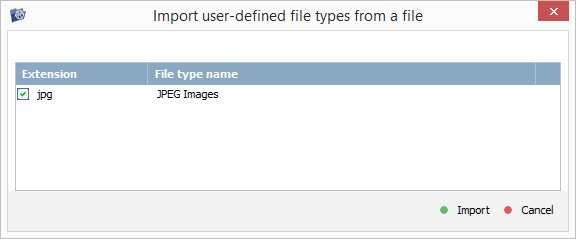 dialog to select custom file types to be imported to ufs explorer intelliraw rules editor from exported xml file with user defined file types 