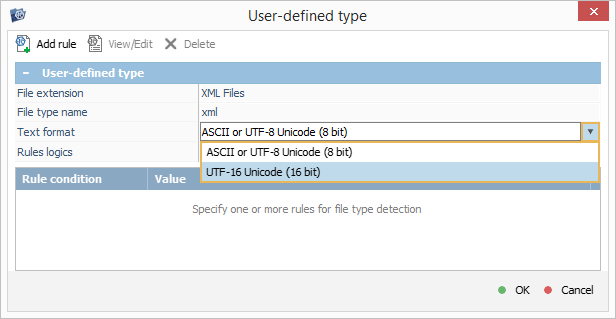 text format drop-down list in user-defined rule configuration window in ufs explorer program