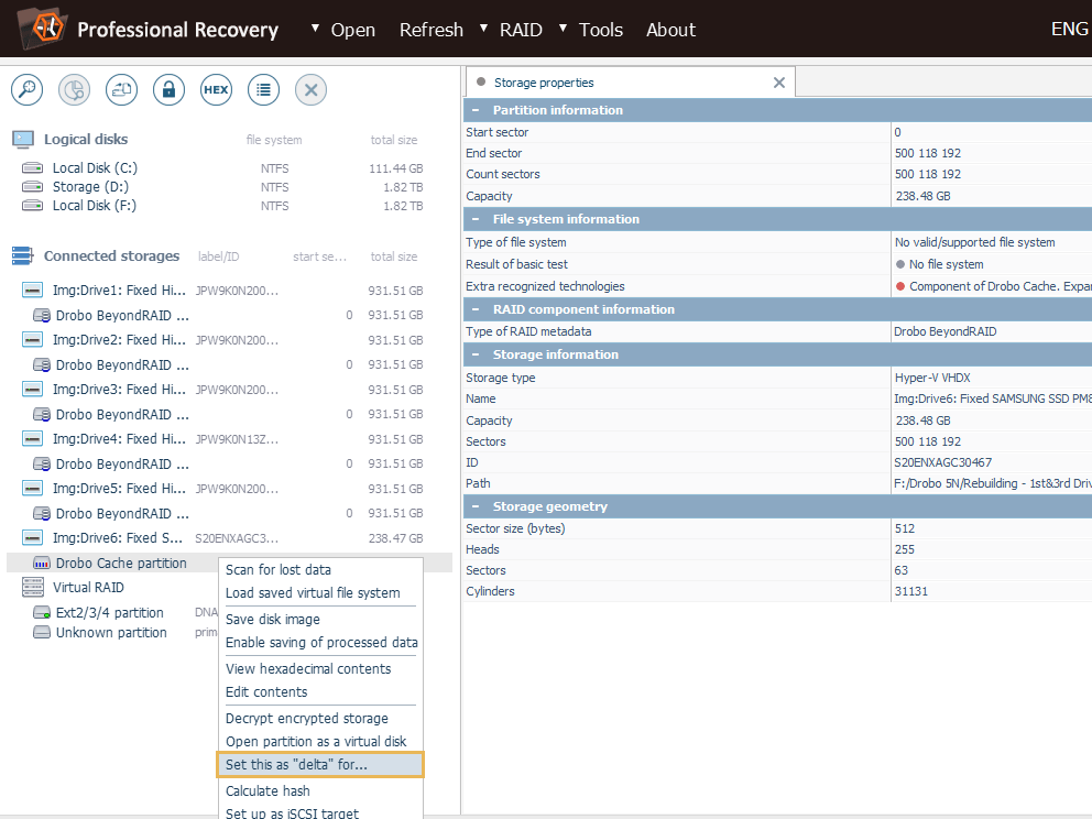 option to set drobo cache partition as delta for assembled beyondraid in its context menu in ufs explorer professional recovery