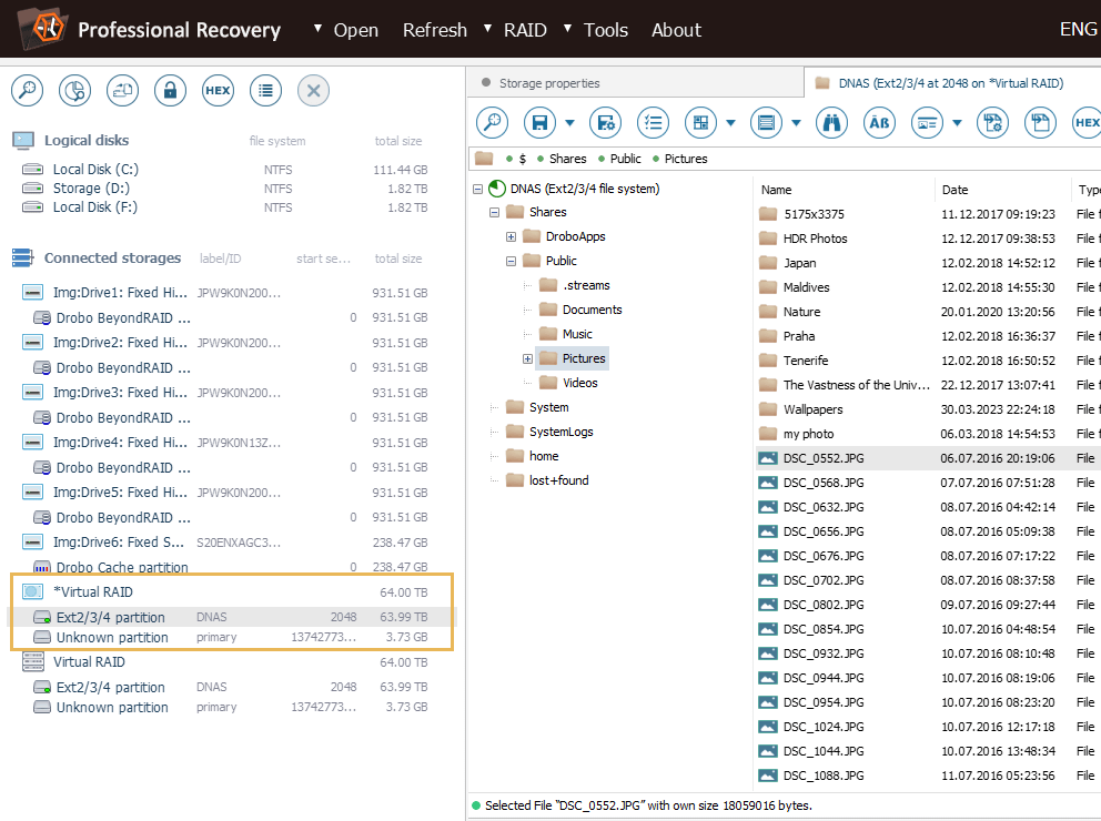 previewing files and folders of drobo partition in file explorer of ufs explorer professional recovery program