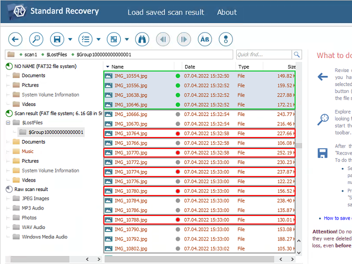 red, green and grey circular icons displaying file status in explorer of ufs explorer program