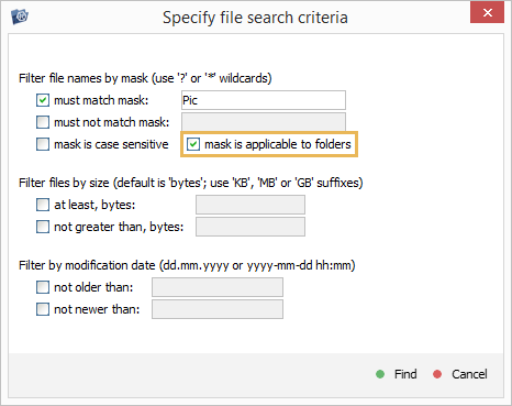 checkbox mask is applicable to folders in search criteria window in explorer of ufs explorer program