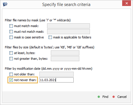 filter to find files modified before specified timestamp in search criteria window in explorer of ufs explorer