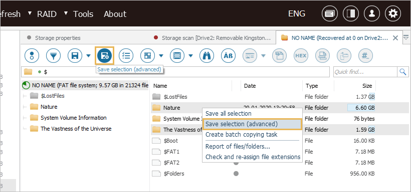 save selection (advanced) option in explorer of ufs explorer professional recovery program