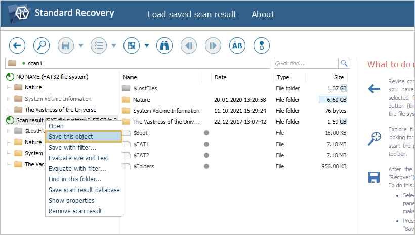 option save this object in context menu in explorer of ufs explorer program