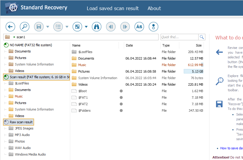 tree of regular and raw scan results on left panel of ufs explorer program interface