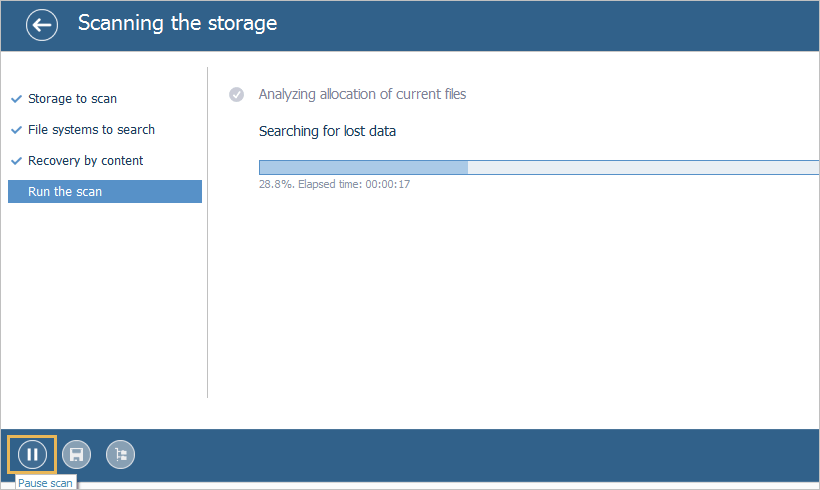 pause scan button in ufs explorer standard recovery interface