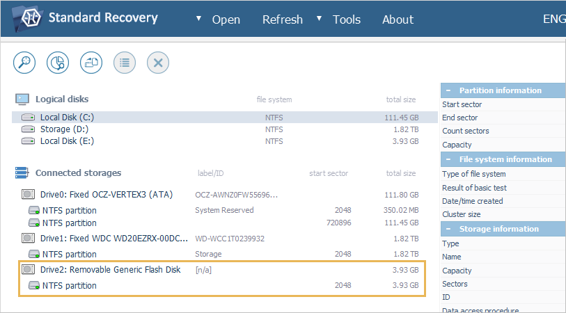 select necessary drive in connected storages list in ufs explorer standard recovery