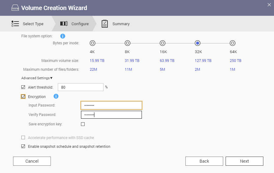 configuración de cifrado de volumen en asistente de creación de volumen de qnap nas