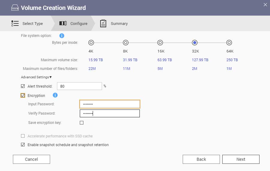 configuración de cifrado de volumen en asistente de creación de volumen de qnap nas