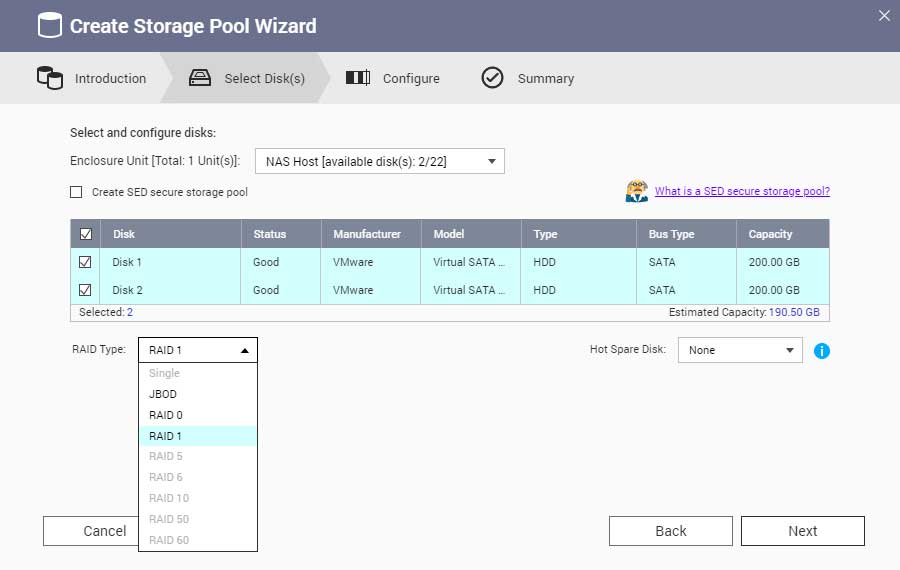 configuración de raid en herramienta de gestión de grupos de almacenamiento de qnap nas