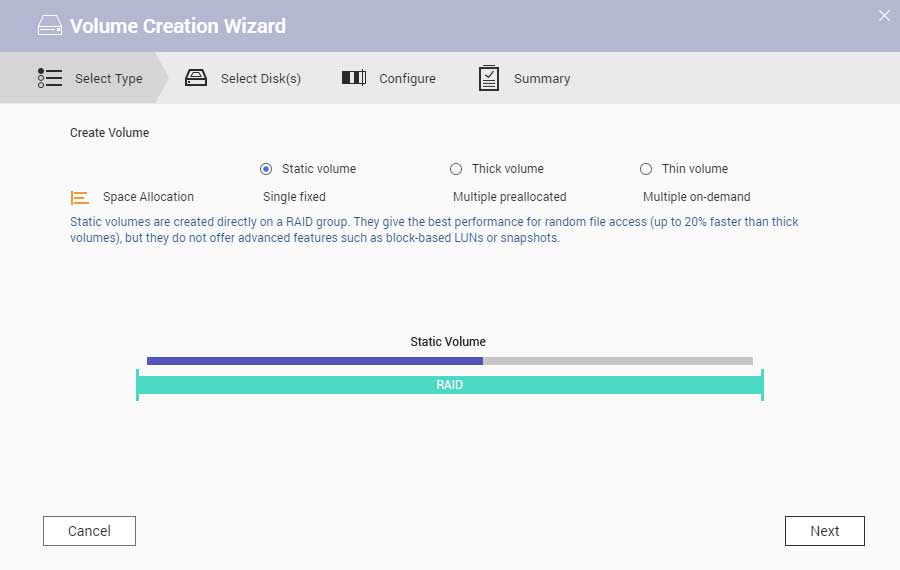 volumen estático en asistente de creación de volumen de qnap nas