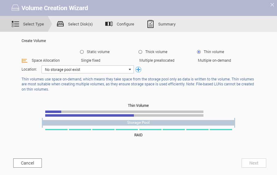 volumen fino en asistente de creación de volumen de qnap nas