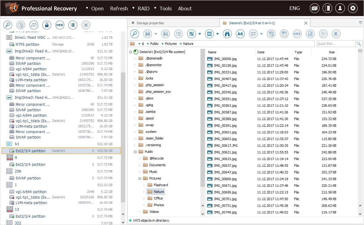partición datavol1 de raid de qnap nas abierta en explorador de archivos del programa ufs explorer