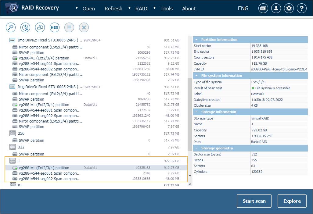 partición datavol1 de raid de qnap nas en lista de almacenamientos detectados en interfaz de ufs explorer