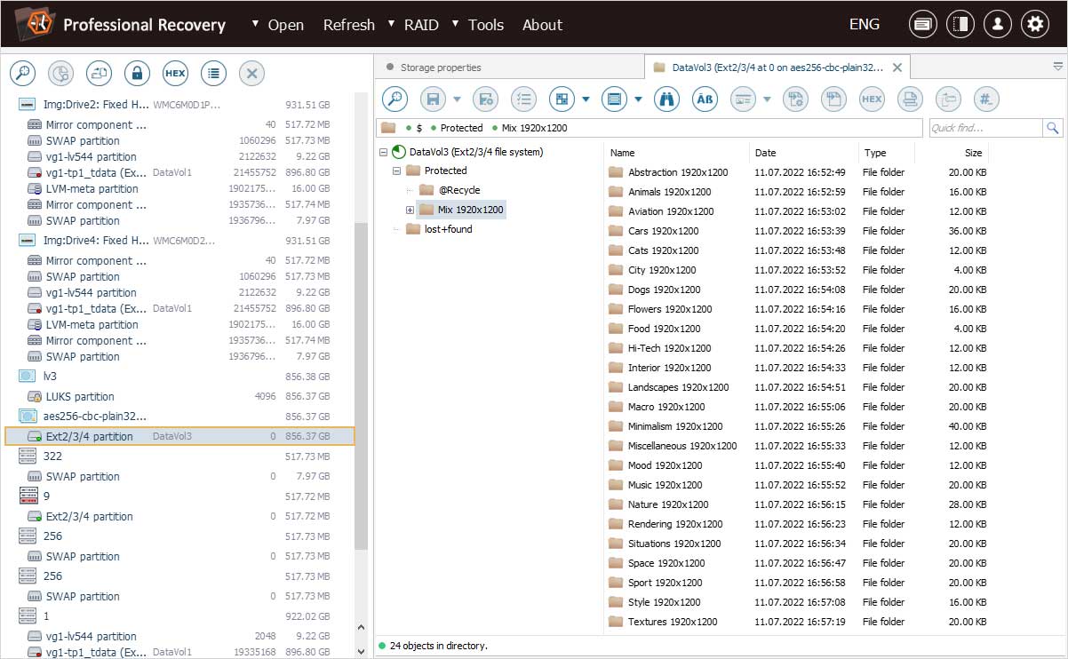 partición luks descifrada en lista de almacenamientos detectados en programa ufs explorer