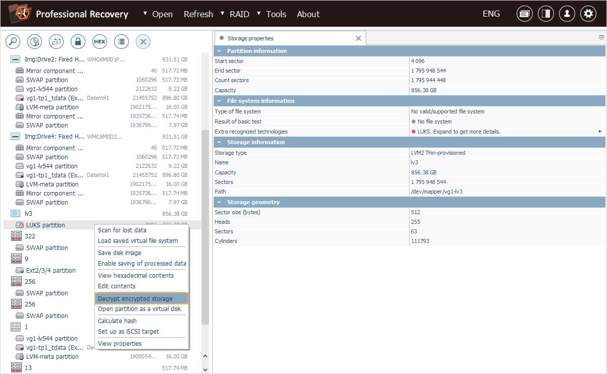 función para descifrar almacenamiento cifrado en menú contextual de partición luks en programa ufs explorer