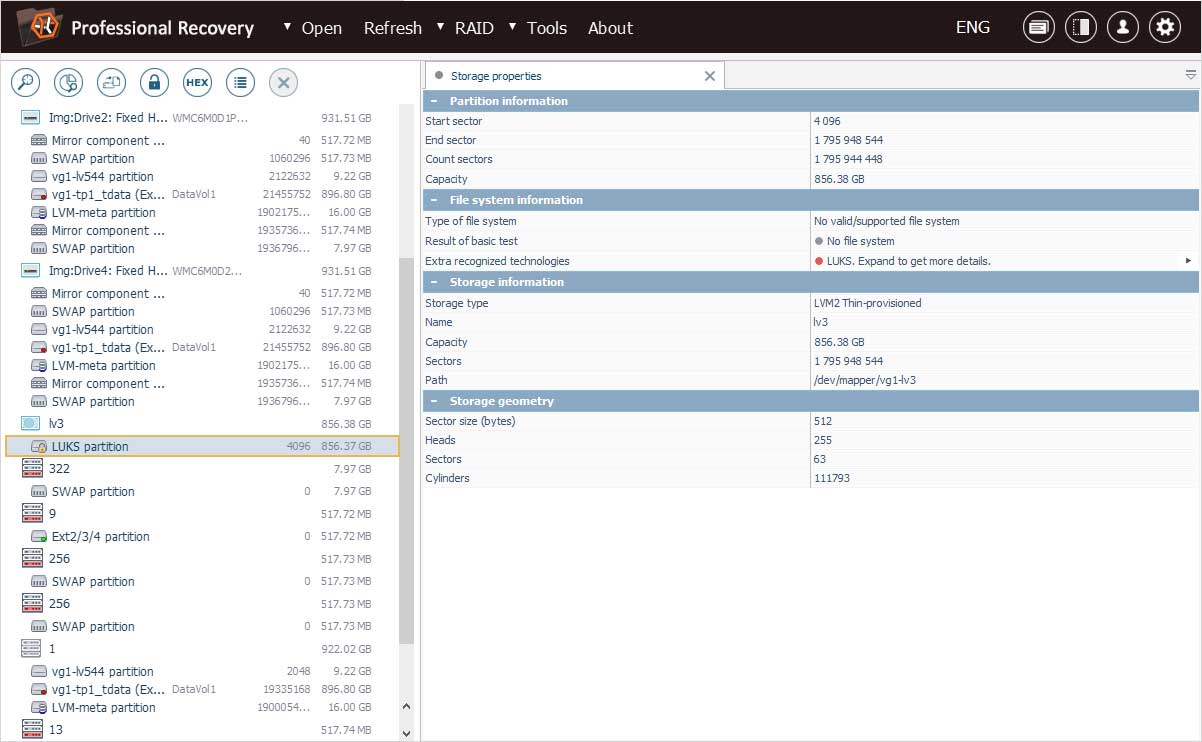 partición de qnap nas cifrada con luks en lista de almacenamientos detectados en programa ufs explorer