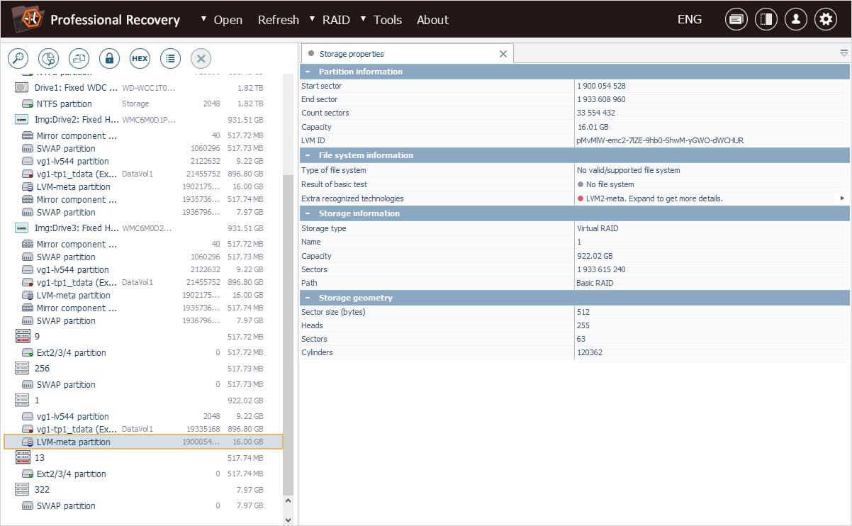 partición lvm-meta de raid de qnap nas en lista de almacenamientos detectados en programa ufs explorer
