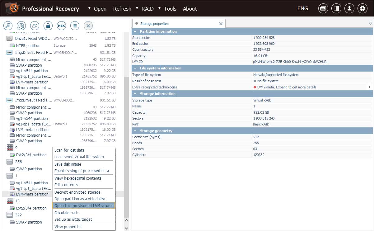 función para abrir volumen lvm de aprovisionamiento fino en menú contextual de partición lvm-meta en programa ufs explorer