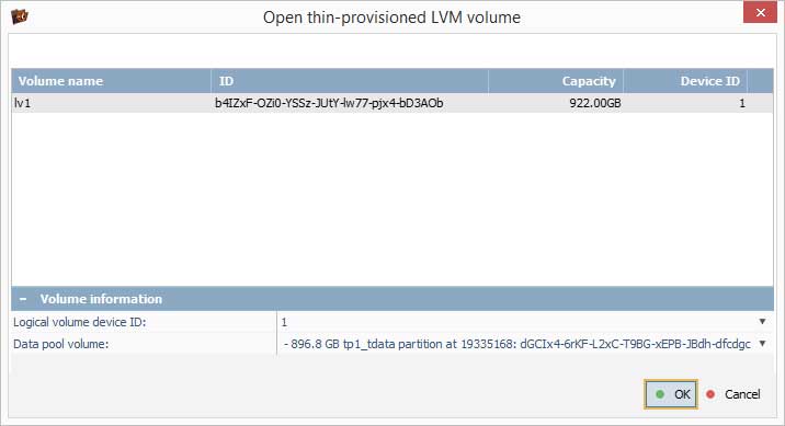 ventana de apertura de volumen lvm de aprovisionamiento fino en programa ufs explorer