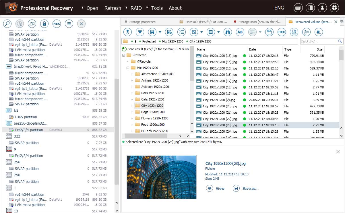 datos recuperados de partición de qnap nas en explorador de archivos del programa ufs explorer