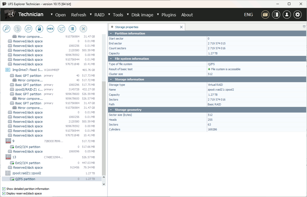 automatically assembled qnap nas raid in detected storages list in ufs explorer interface