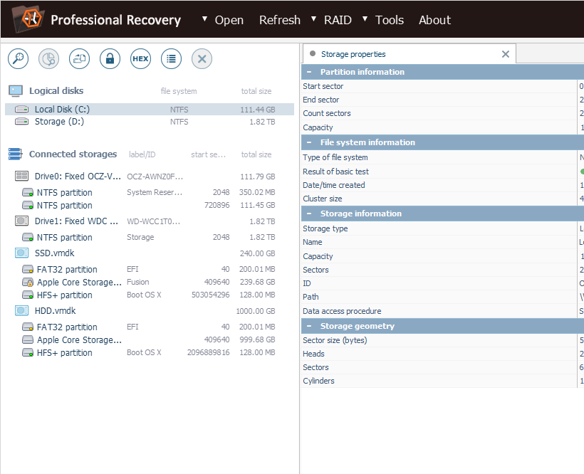 detected connected storages list on left panel of main window of ufs explorer professional recovery program