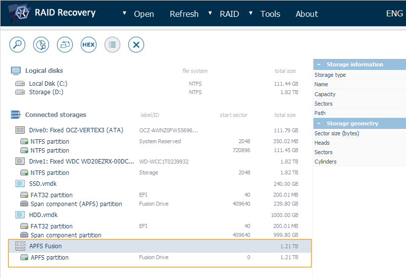 apfs partition selected in list of connected storages on left panel of main window of ufs explorer raid recovery program