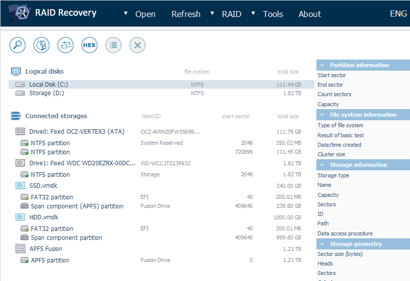 list of detected connected storages on left panel of main window of ufs explorer raid recovery program