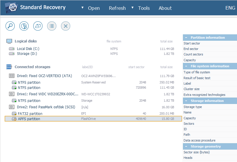 apfs partition selected in list of connected storages on left panel of ufs explorer program main window