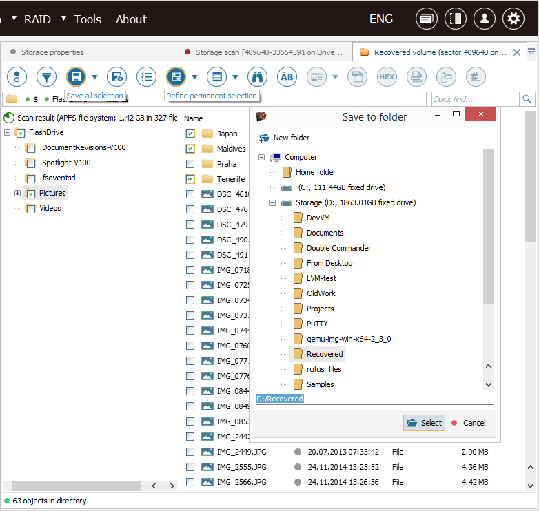 tools to select and save multiple recovered objects in explorer of ufs explorer professional recovery program