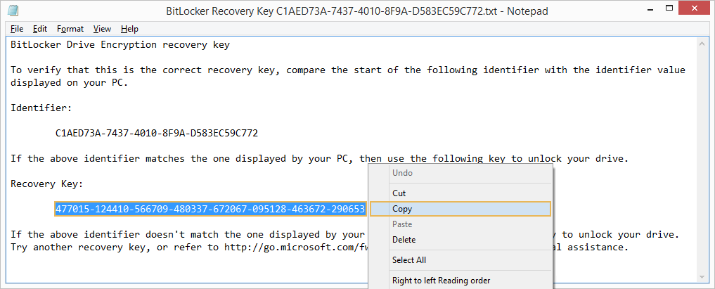copying of bitlocker recovery key