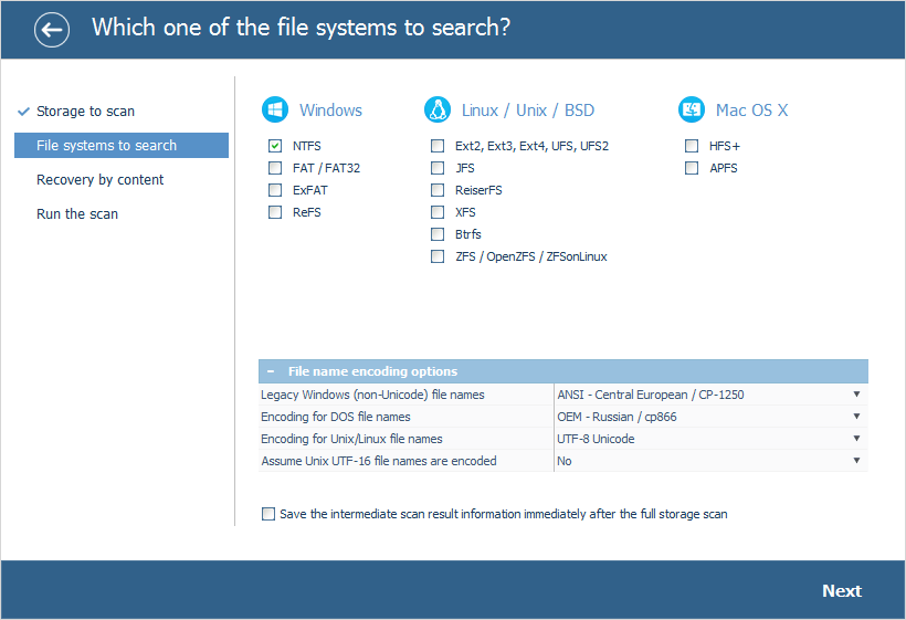 selecting ntfs file system in scanning configuration window in ufs explorer program