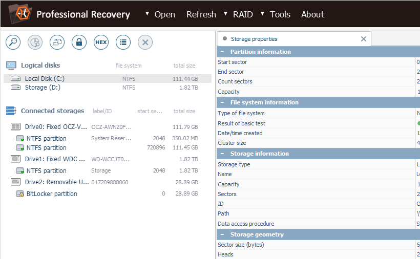 list of all detected connected storages on left panel of main window of ufs explorer professional recovery program
