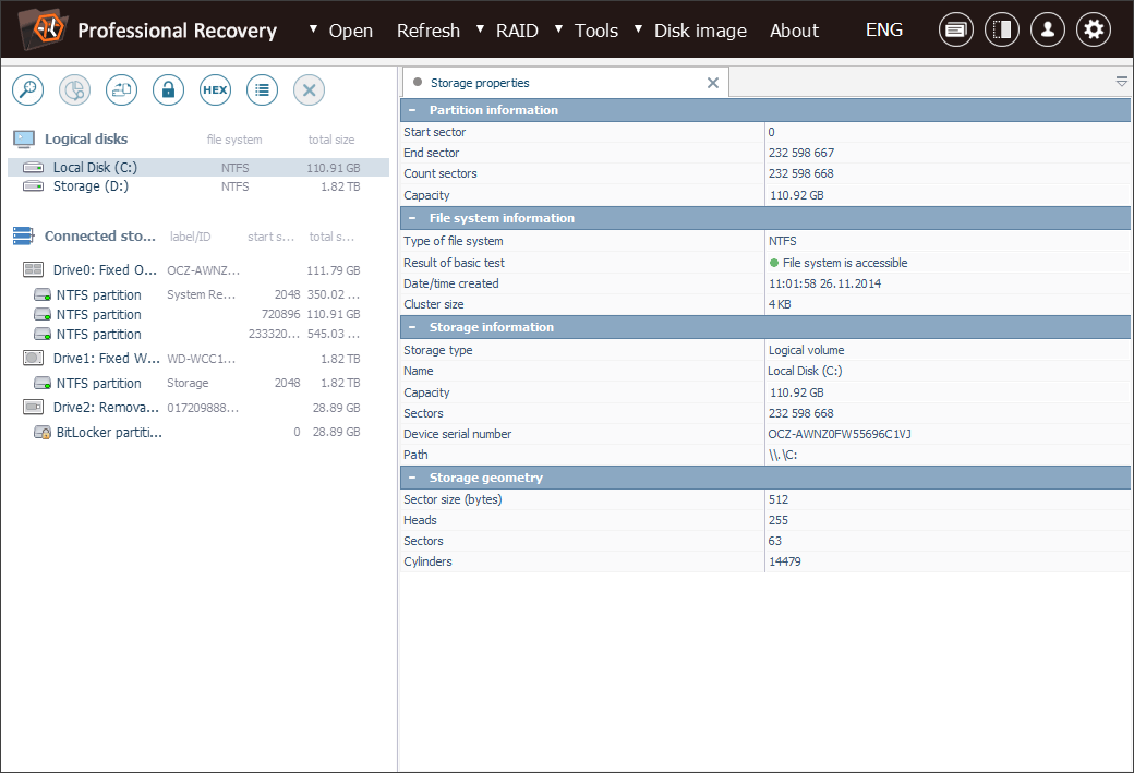 list of all detected connected storages on left panel of main window of ufs explorer professional recovery program